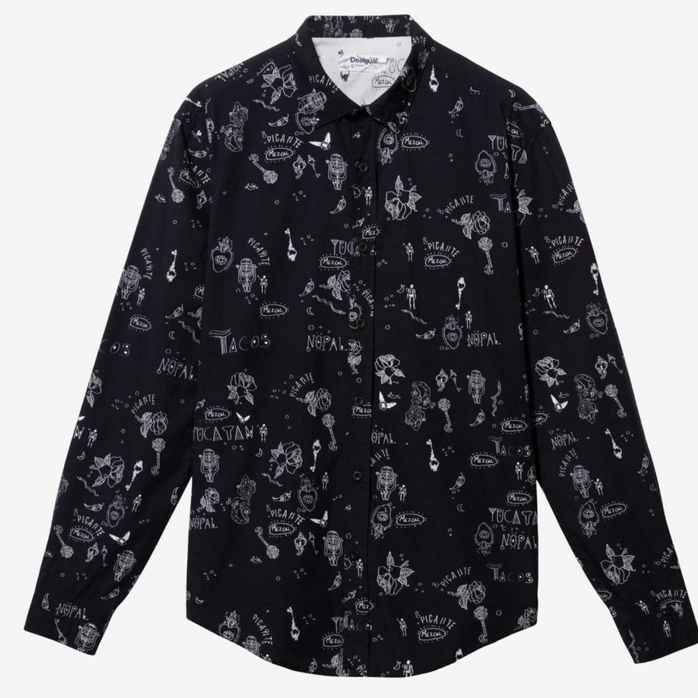 Desigual Shirt Bolimania Graphic Print Slim Fit Navy Long Sleeve Size XL